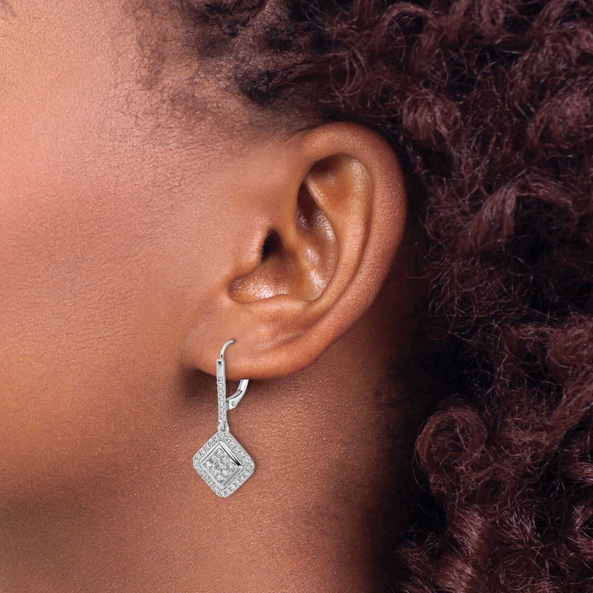 14k White Gold Diamond Cluster Leverback Earrings-EM4369-100-WA