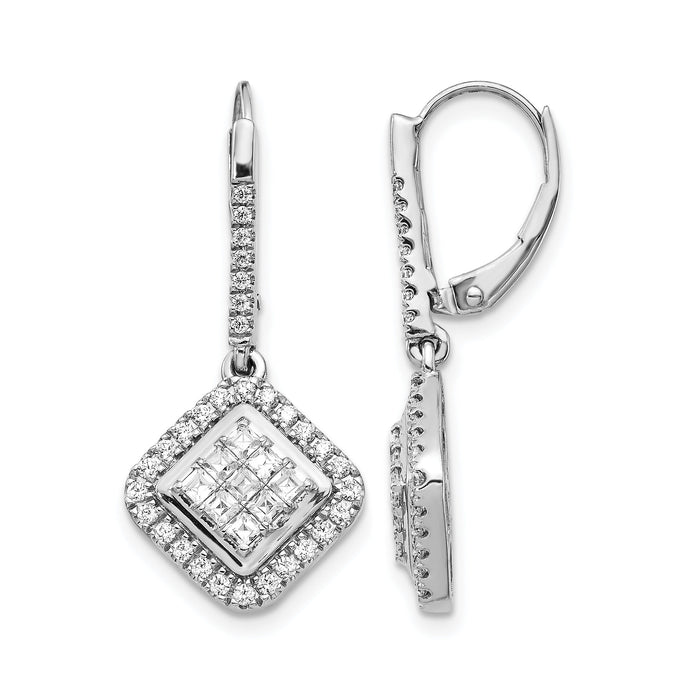 14k White Gold Diamond Cluster Leverback Earrings-EM4369-100-WA