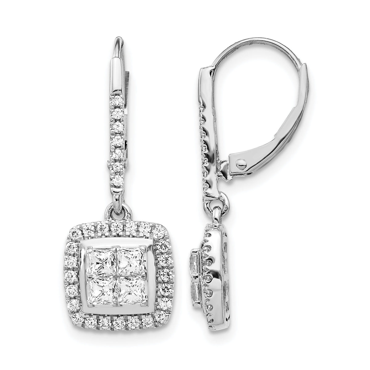 14k White Gold Diamond Cluster Leverback Earrings-EM4372-100-WA