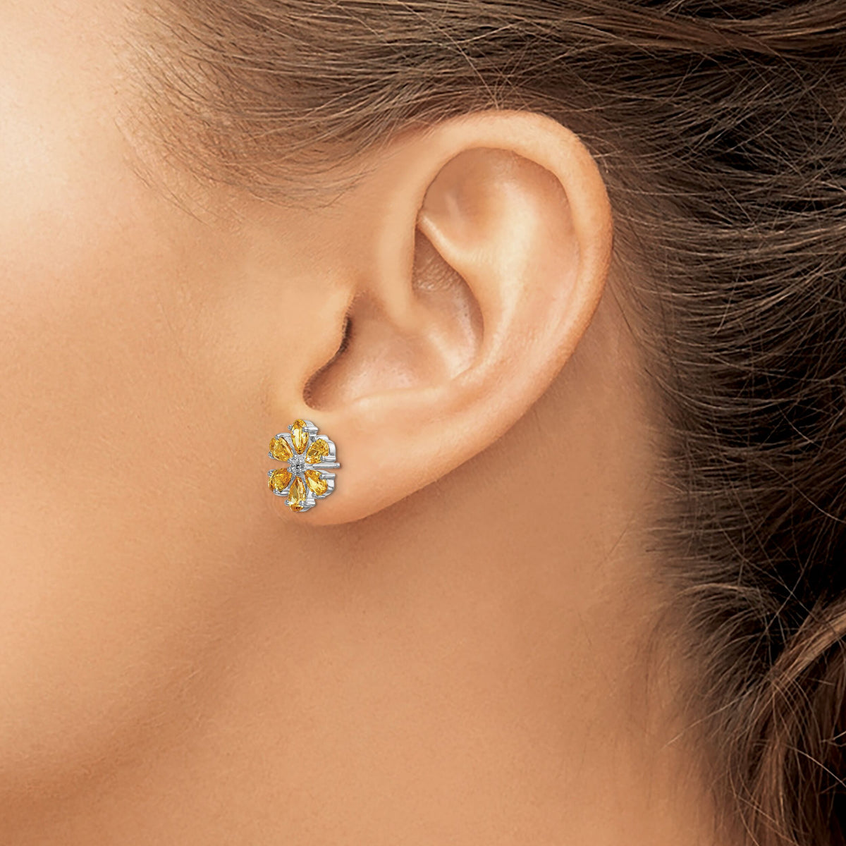14k White Gold Diamond Citrine Flower Earrings-EM4377-006-WA