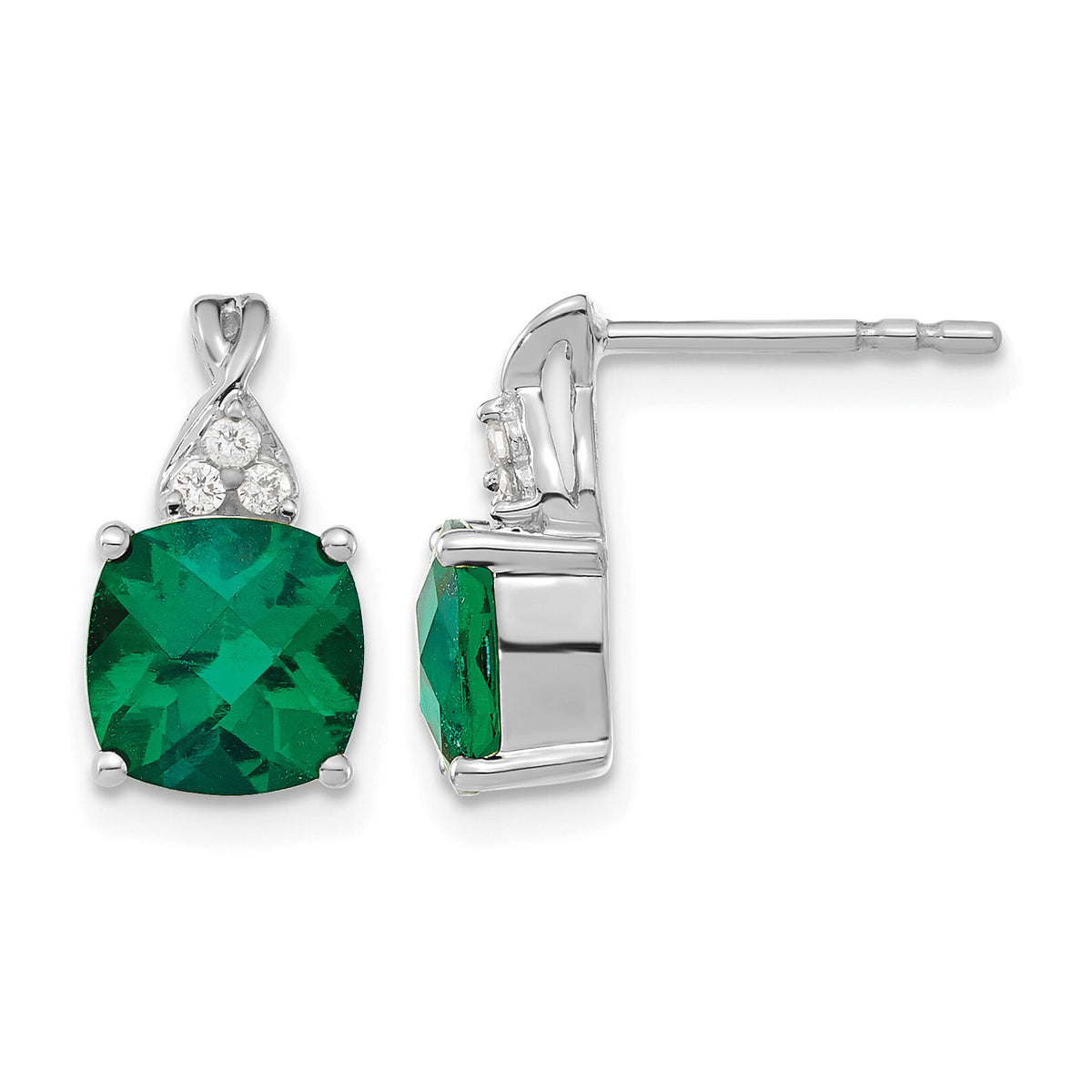 14K White Gold Checkerboard Created Emerald and Diamond Earrings-EM4393-CEM-006-WA