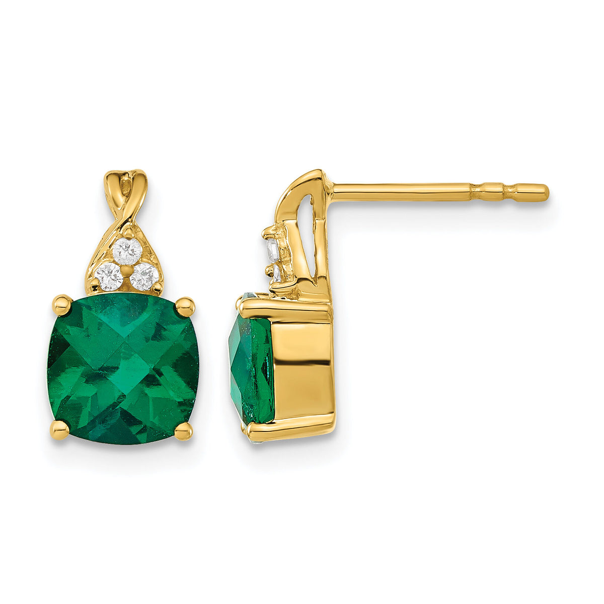 14k Checkerboard Created Emerald and Diamond Earrings-EM4393-CEM-006-YA