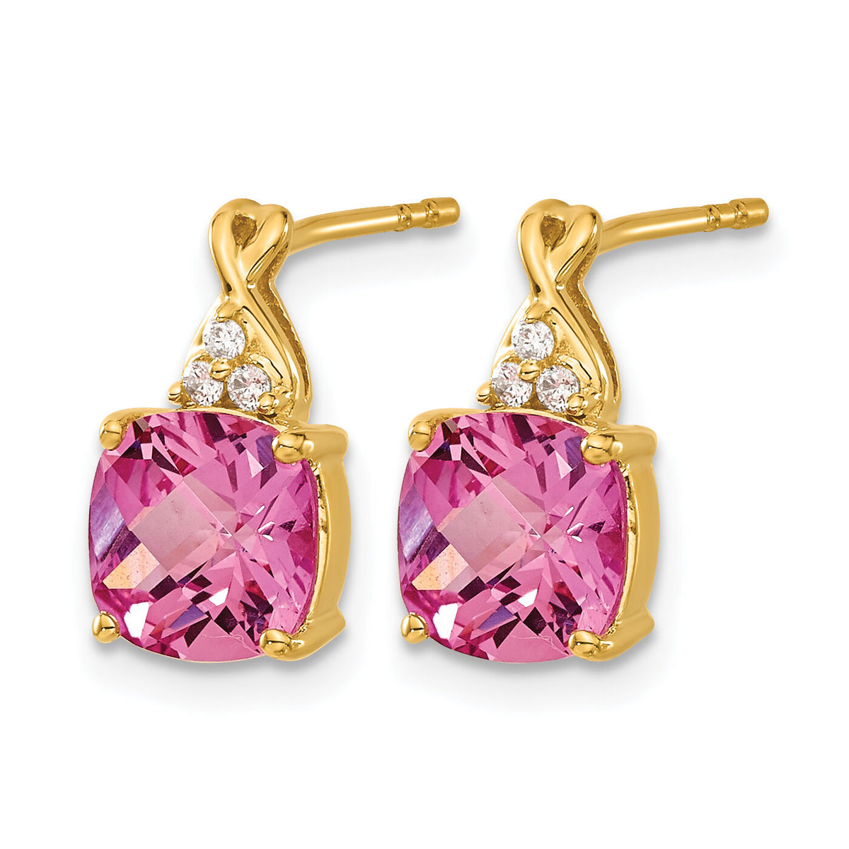 14k Checkerboard Created Pink Sapphire and Diamond Earrings-EM4393-CPS-006-YA