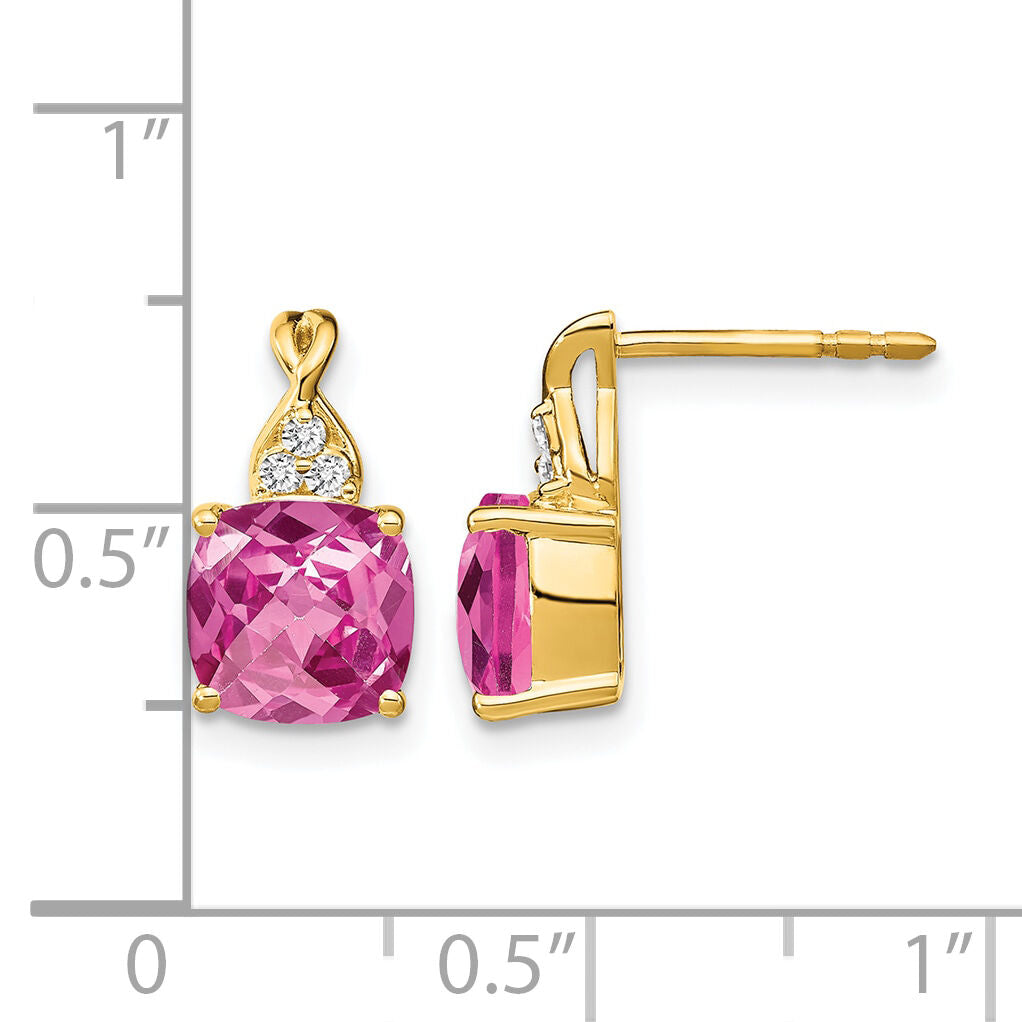 14k Checkerboard Created Pink Sapphire and Diamond Earrings-EM4393-CPS-006-YA