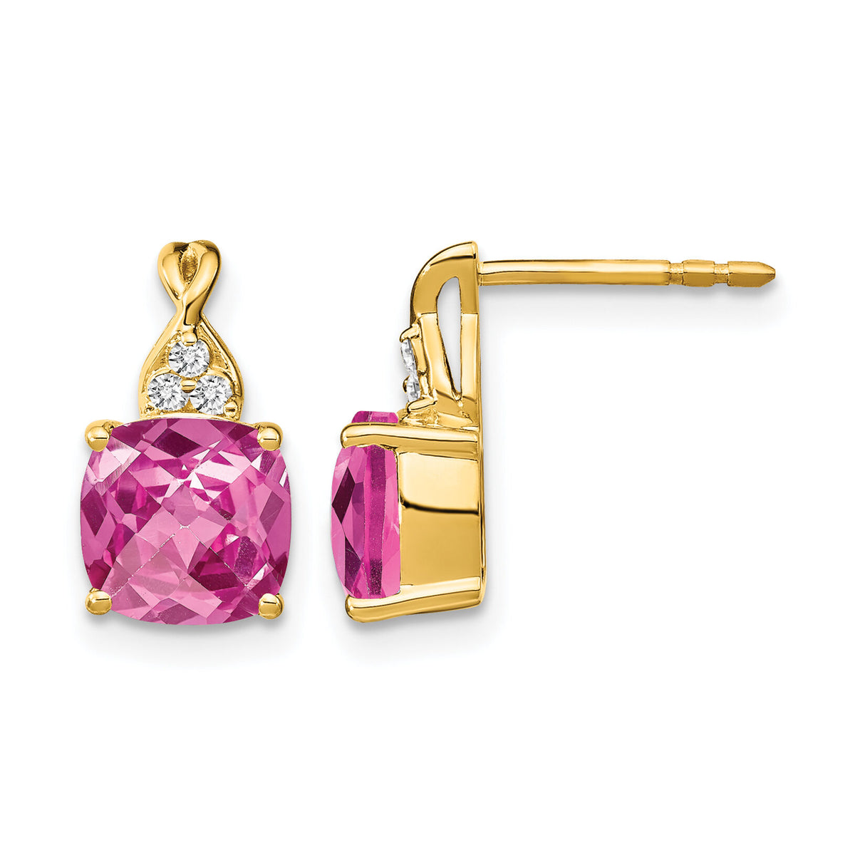 14k Checkerboard Created Pink Sapphire and Diamond Earrings-EM4393-CPS-006-YA