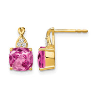 14k Checkerboard Created Pink Sapphire and Diamond Earrings-EM4393-CPS-006-YA