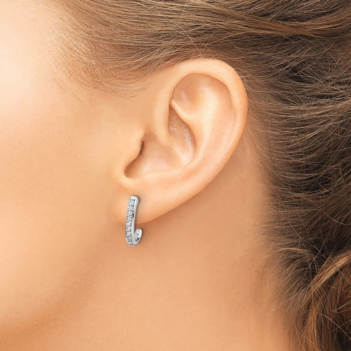 14k White Gold Diamond J-Hoop Post Earrings-EM5493-020-WA