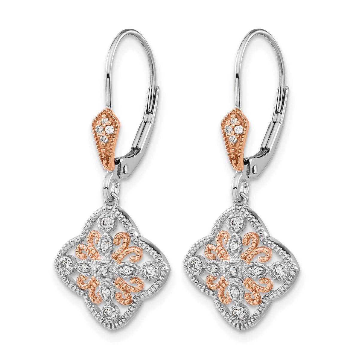 14k White Gold w/Rose Rhodium Diamond Leverback Earrings-EM5547-013-WA