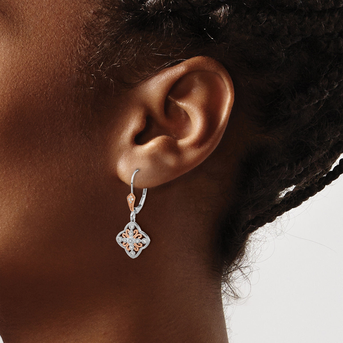 14k White Gold w/Rose Rhodium Diamond Leverback Earrings-EM5547-013-WA