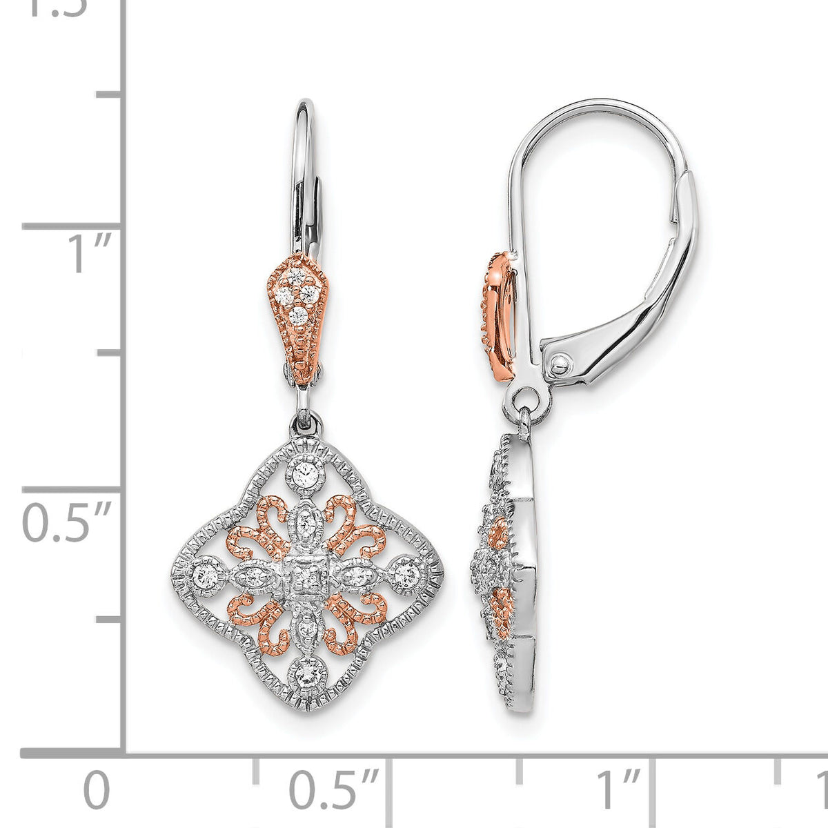 14k White Gold w/Rose Rhodium Diamond Leverback Earrings-EM5547-013-WA