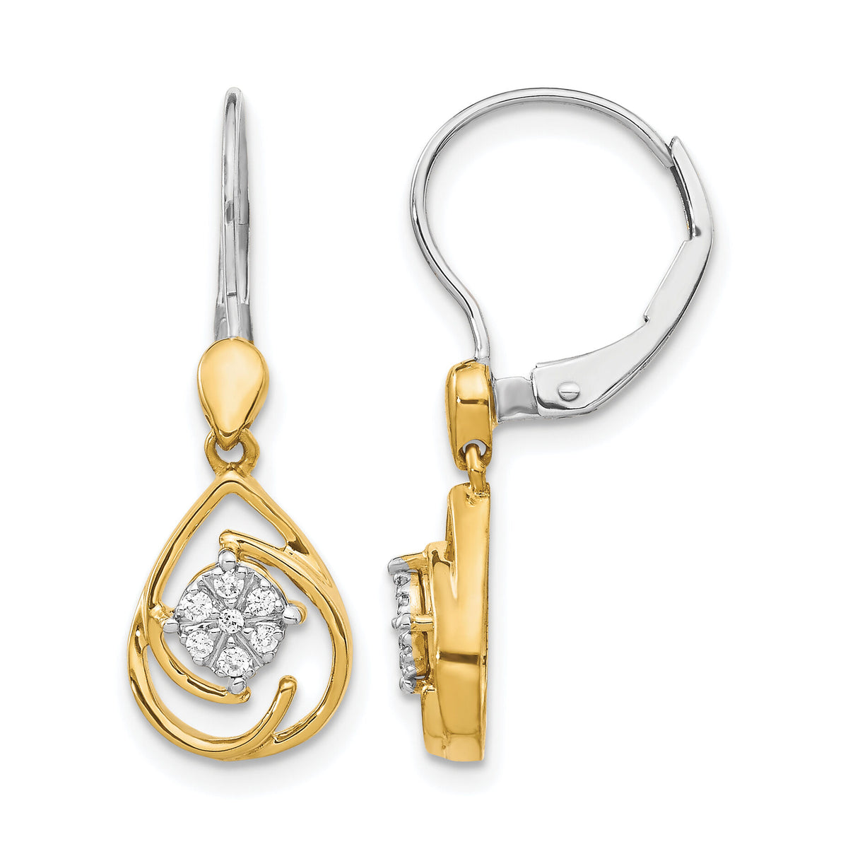 14k Two-tone Diamond Teardrop Dangle Leverback Earrings-EM5567-008-YWA