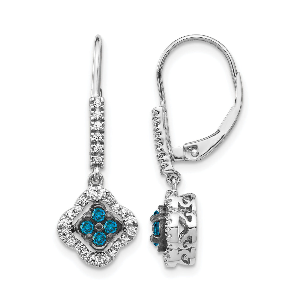 14k White Gold White and Blue Diamond Dangle Leverback Earrings-EM5583-BD-040-WA