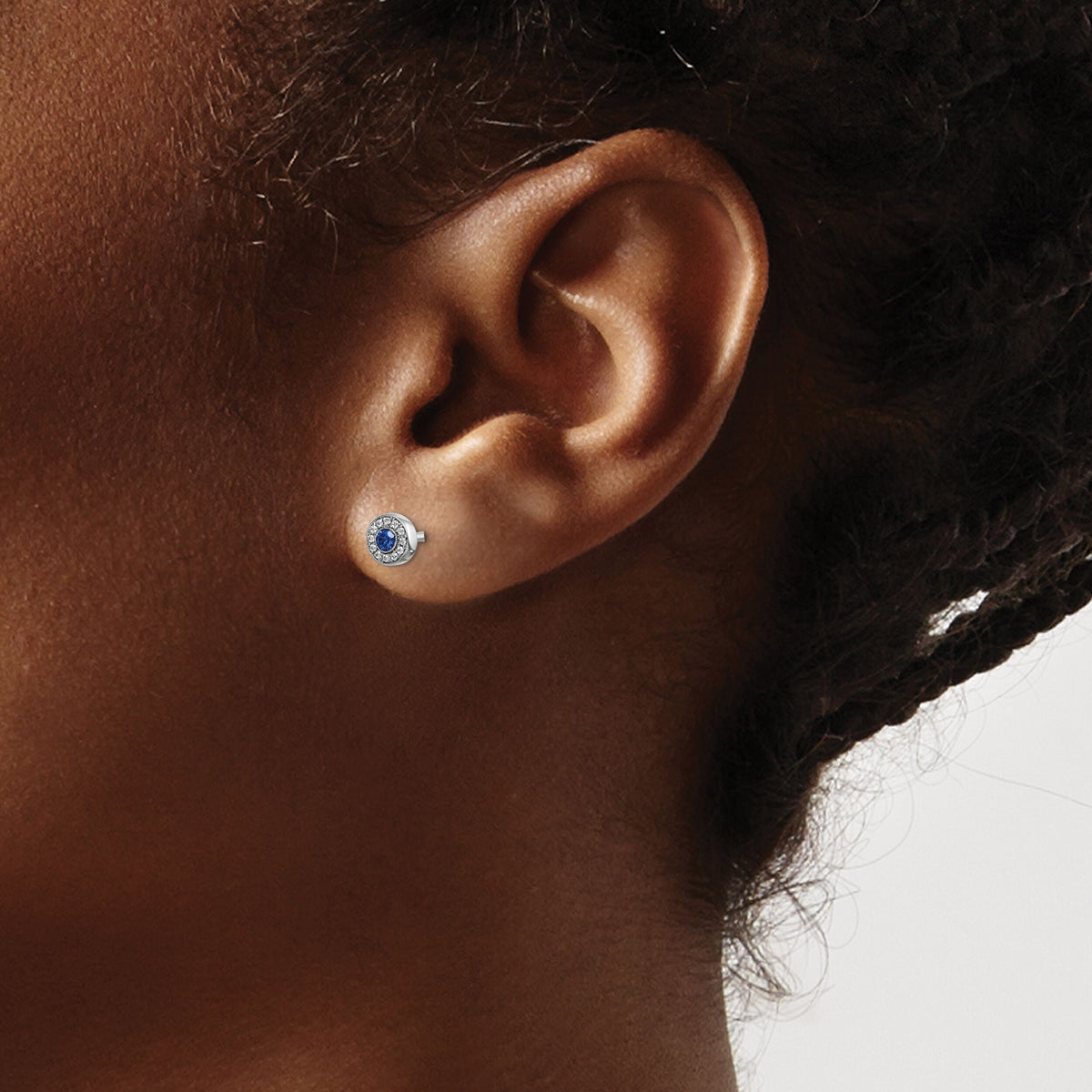 14k White Gold Diamond and Sapphire Halo Post Earrings-EM5586-SA-007-WA