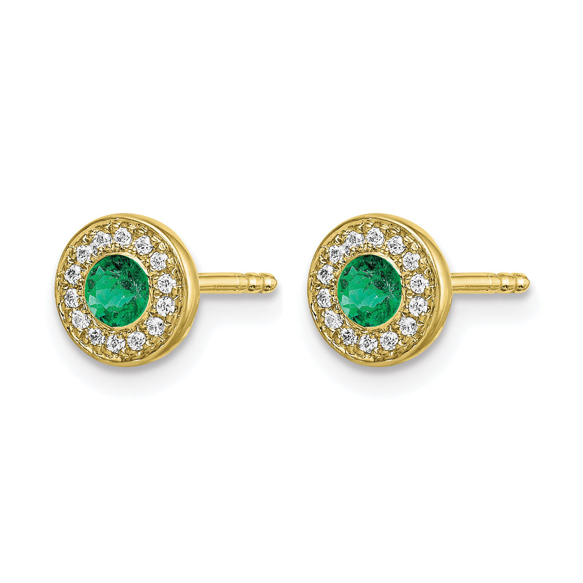 14k Gold Diamond and Emerald Halo Post Earrings-EM5587-EM-010-YA