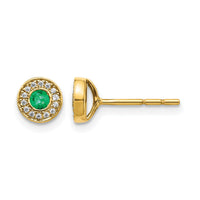 14k Gold Diamond and Emerald Halo Post Earrings-EM5587-EM-010-YA
