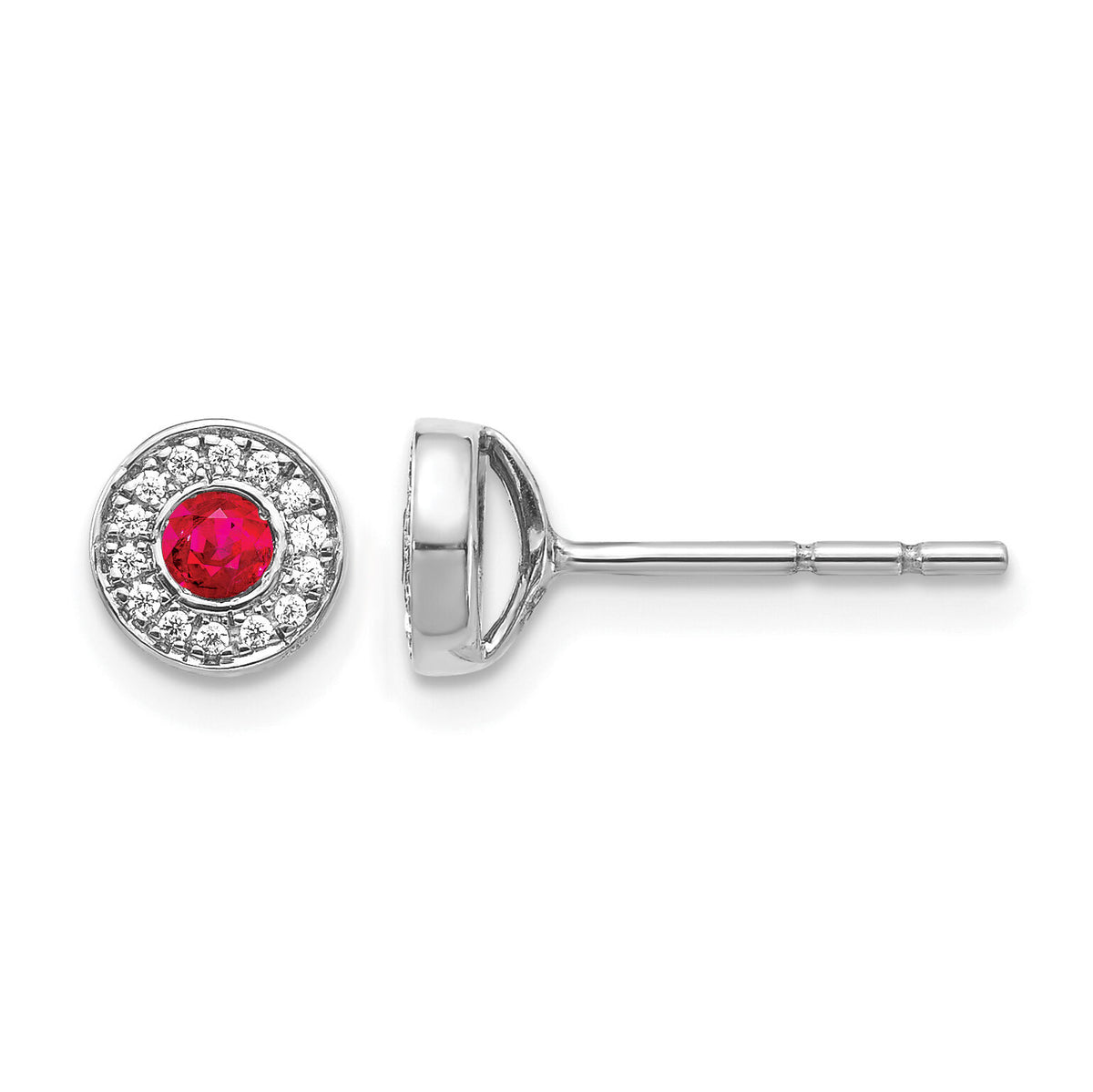 14k White Gold Diamond and Ruby Halo Post Earrings-EM5587-RU-010-WA