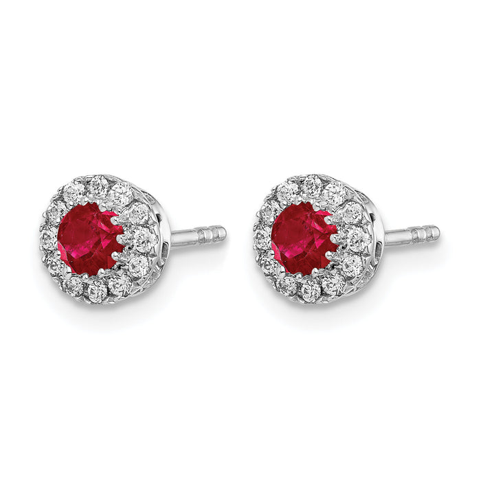 14k White Gold Diamond and Ruby Halo Post Earrings-EM5588-RU-016-WA