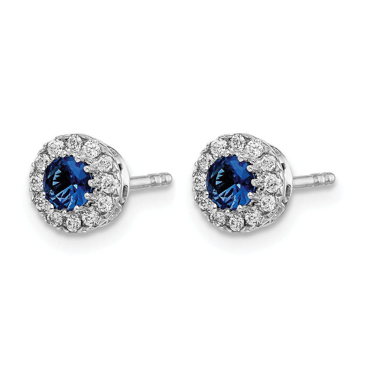 14k White Gold Diamond and Blue Sapphire Halo Post Earrings-EM5588-SA-016-WA