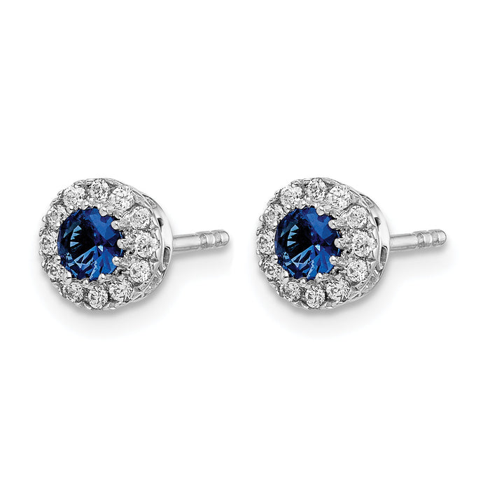 14k White Gold Diamond and Blue Sapphire Halo Post Earrings-EM5588-SA-016-WA