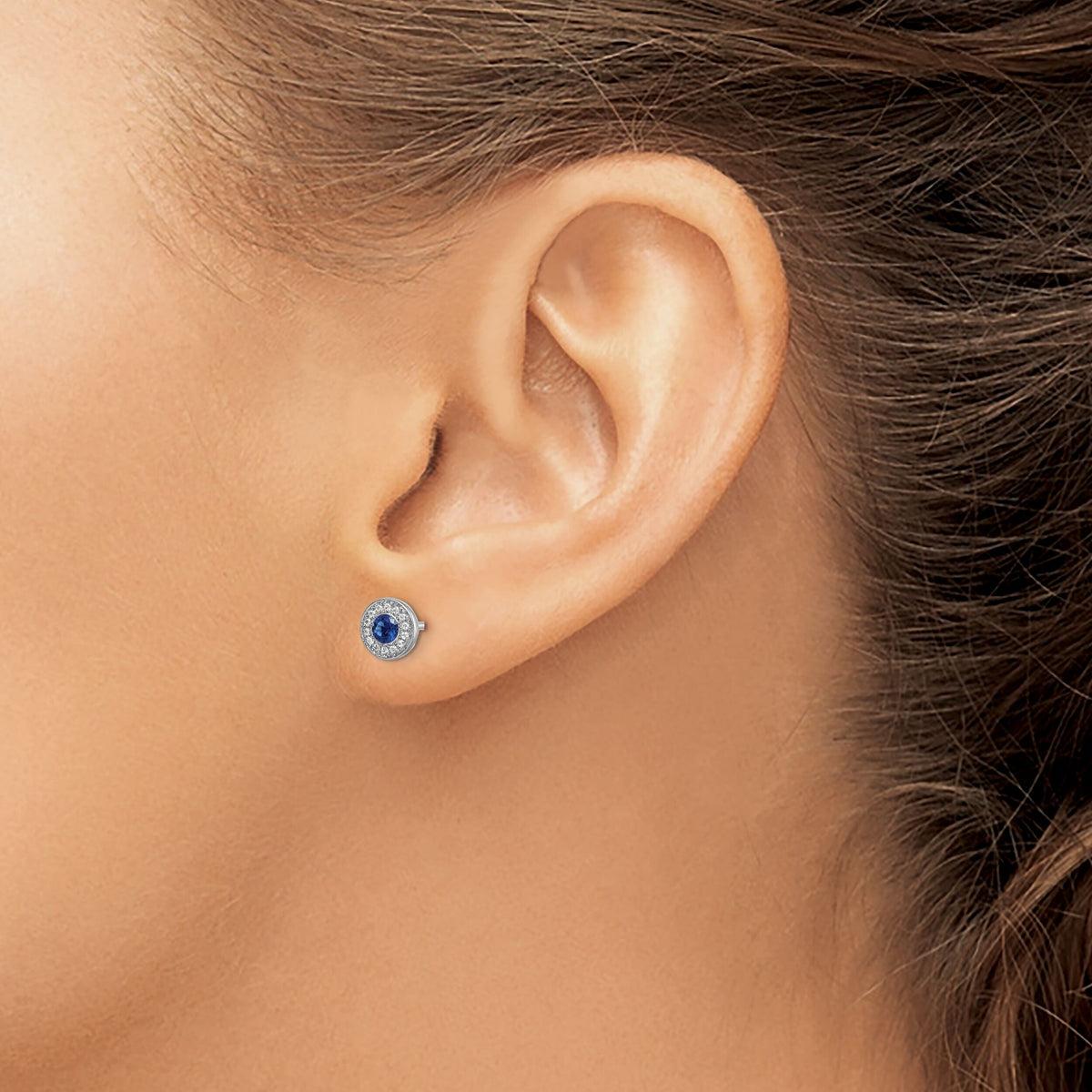 14k White Gold Diamond and Blue Sapphire Halo Post Earrings-EM5588-SA-016-WA