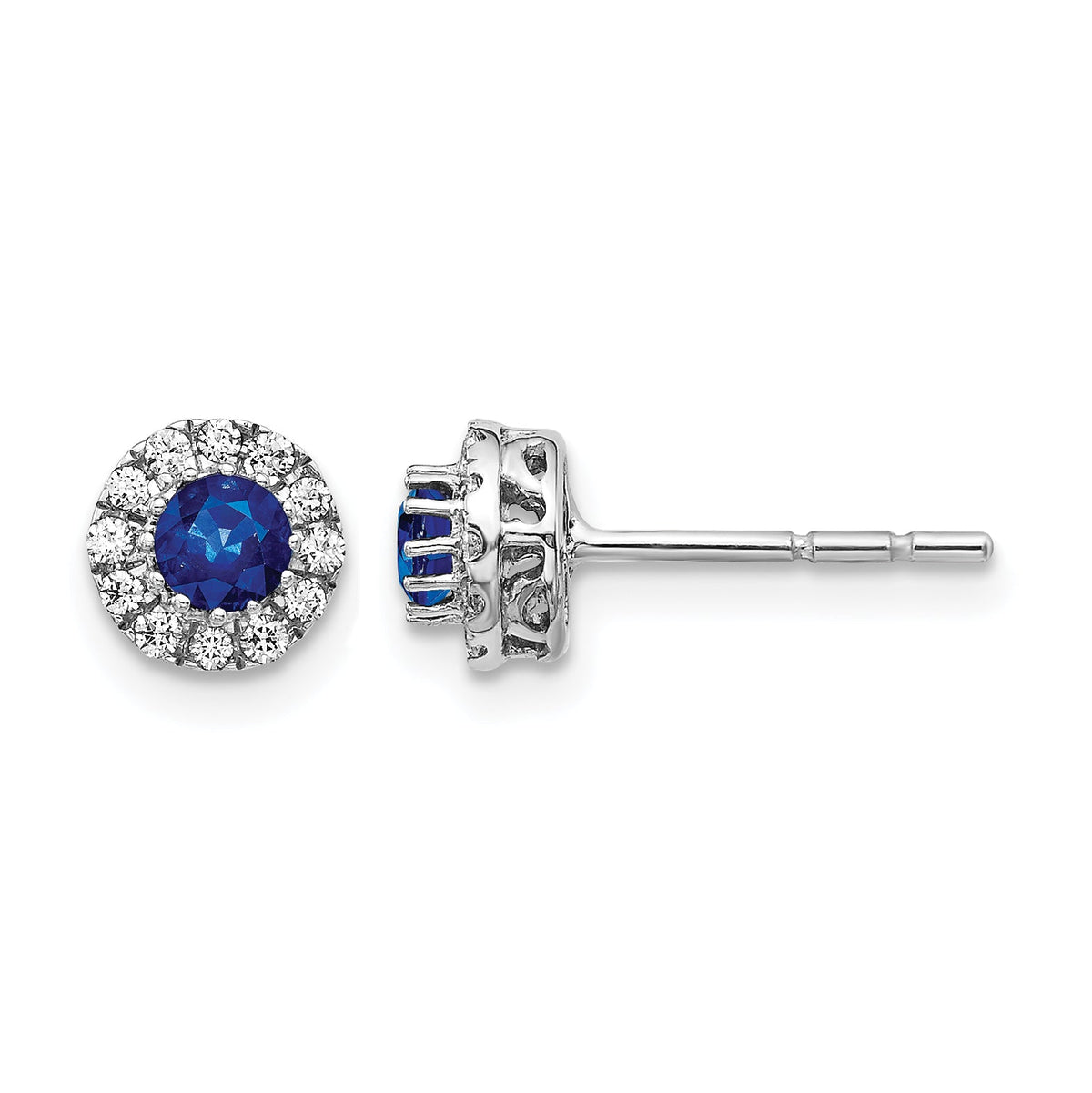 14k White Gold Diamond and Blue Sapphire Halo Post Earrings-EM5588-SA-016-WA