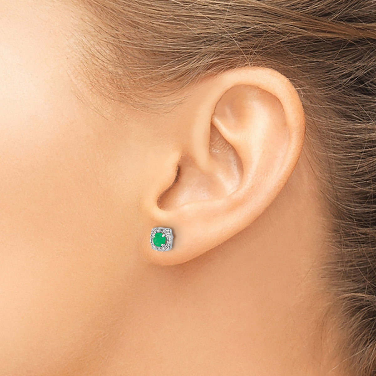 14k White Gold Diamond and Emerald Square Halo Earrings-EM5589-EM-020-WA