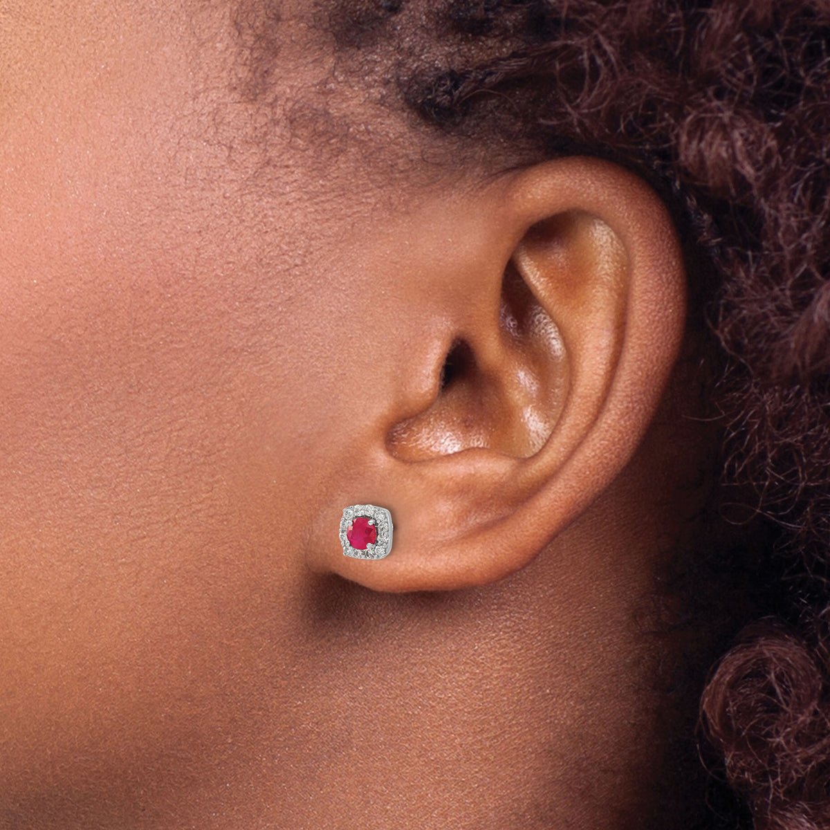 14k White Gold Diamond and Ruby Square Halo Earrings-EM5589-RU-020-WA