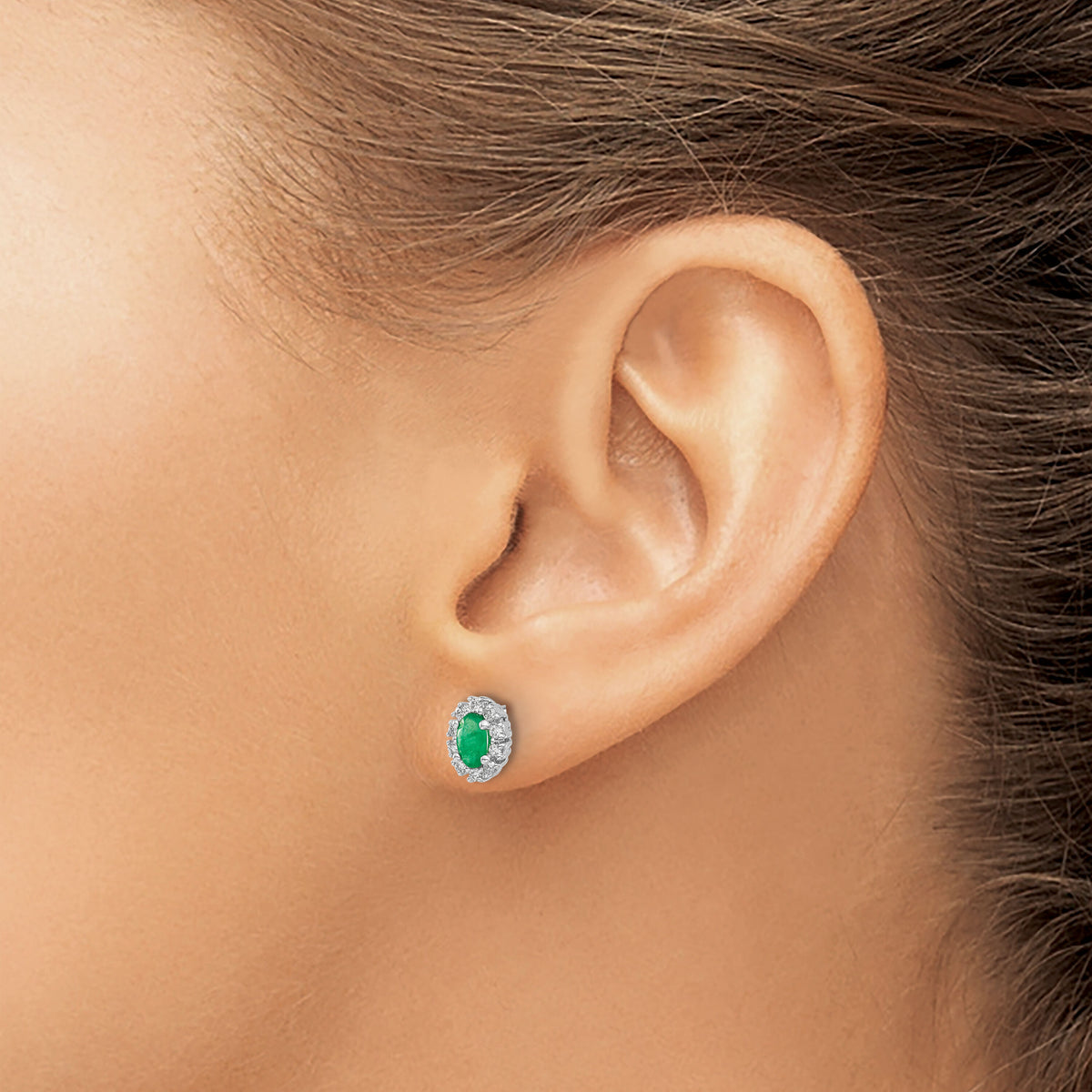 14k White Gold 1/5Ct Diamond and Emerald Oval Halo Earrings-EM5591-EM-020-WA
