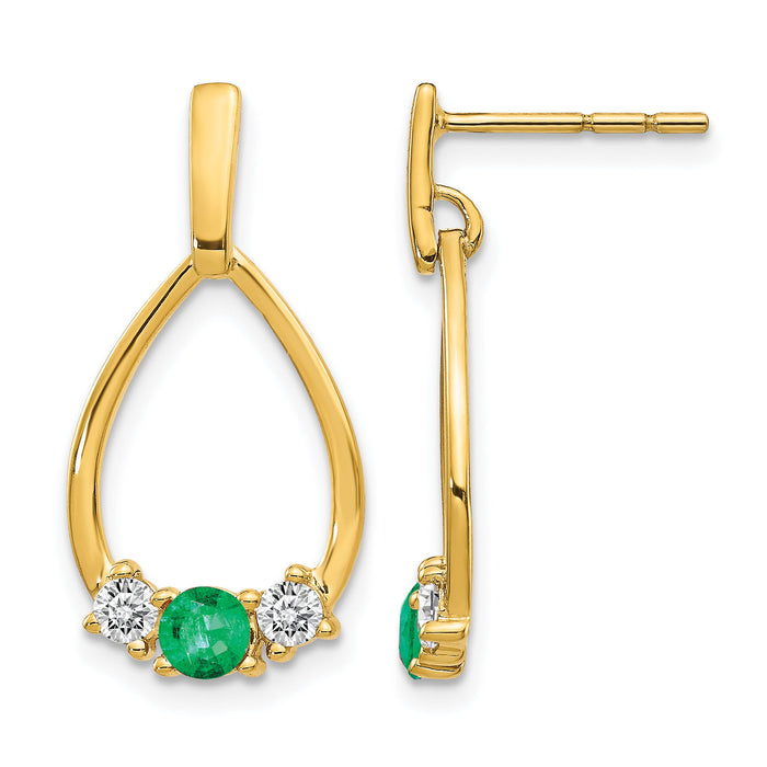 14k  Emerald and White Sapphire Post Dangle Earrings-EM5598-EM-Y