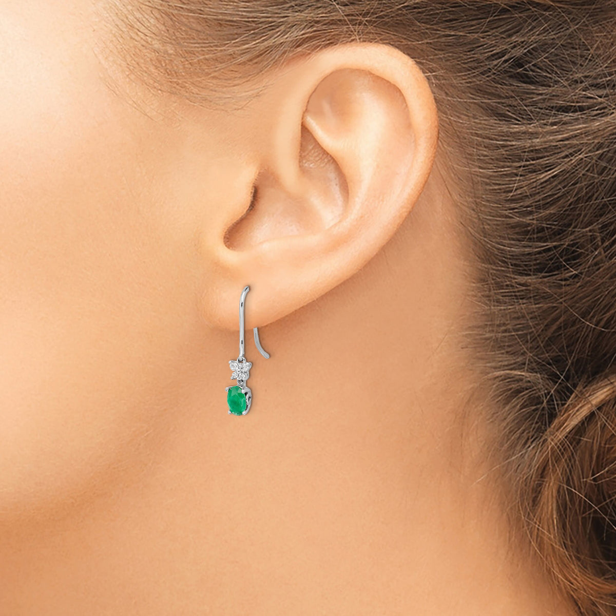 14k White Gold 1/8ct Diamond and Oval Emerald Dangle Earrings-EM5600-EM-013-WA