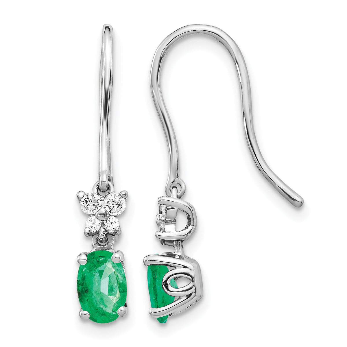 14k White Gold 1/8ct Diamond and Oval Emerald Dangle Earrings-EM5600-EM-013-WA