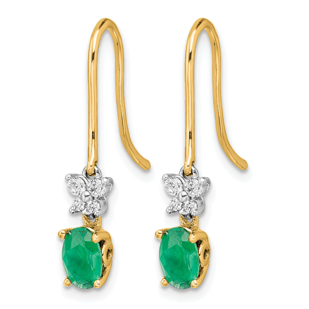 14k Two-tone 1/8ct Diamond and Oval Emerald Shepherd Hook Earrings-EM5600-EM-013-YWA