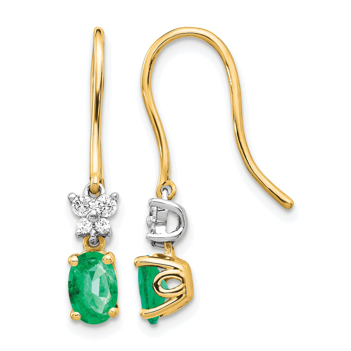 14k Two-tone 1/8ct Diamond and Oval Emerald Shepherd Hook Earrings-EM5600-EM-013-YWA