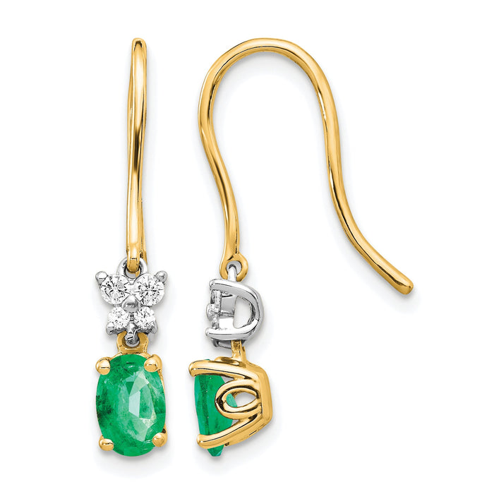 14k Two-tone 1/8ct Diamond and Oval Emerald Shepherd Hook Earrings-EM5600-EM-013-YWA