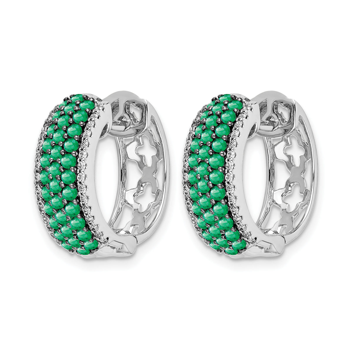14k White Gold Diamond and Emerald Hinged Hoop Earrings-EM5602-EM-025-WA