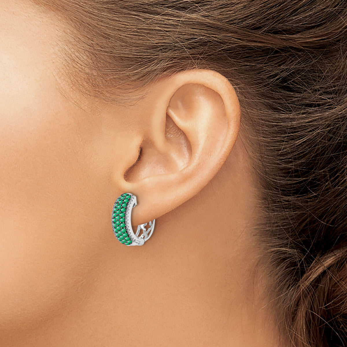 14k White Gold Diamond and Emerald Hinged Hoop Earrings-EM5602-EM-025-WA