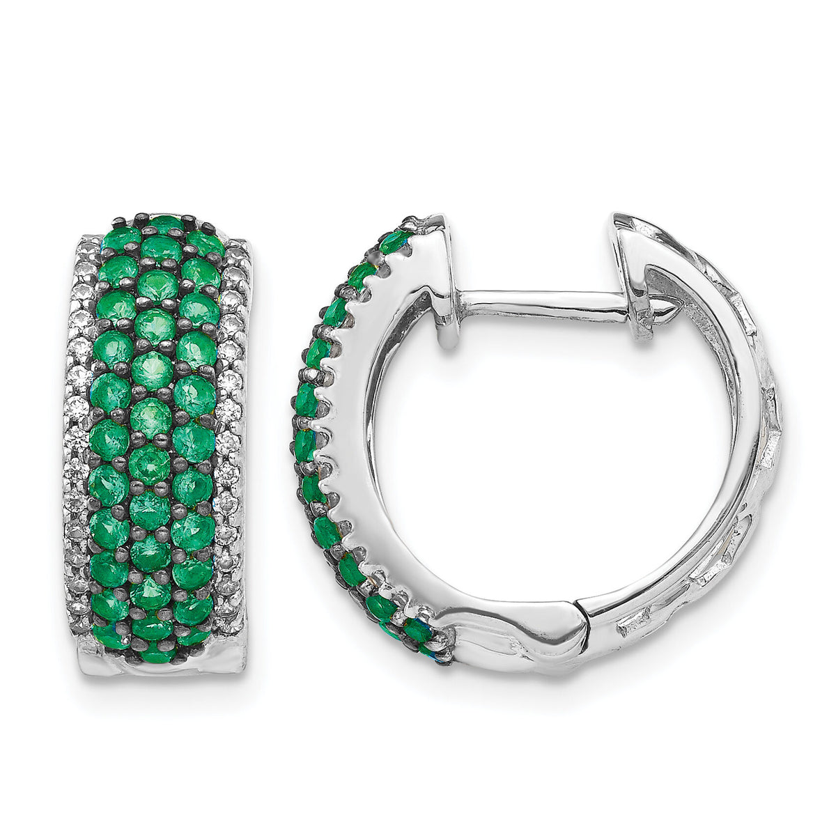 14k White Gold Diamond and Emerald Hinged Hoop Earrings-EM5602-EM-025-WA