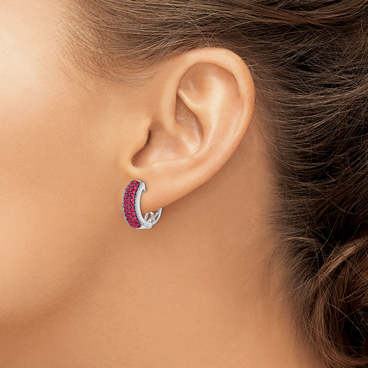 14k White Gold Diamond and Ruby Hinged Hoop Earrings-EM5602-RU-025-WA