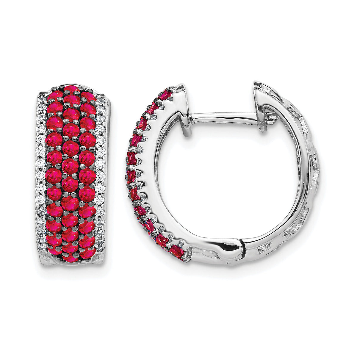 14k White Gold Diamond and Ruby Hinged Hoop Earrings-EM5602-RU-025-WA