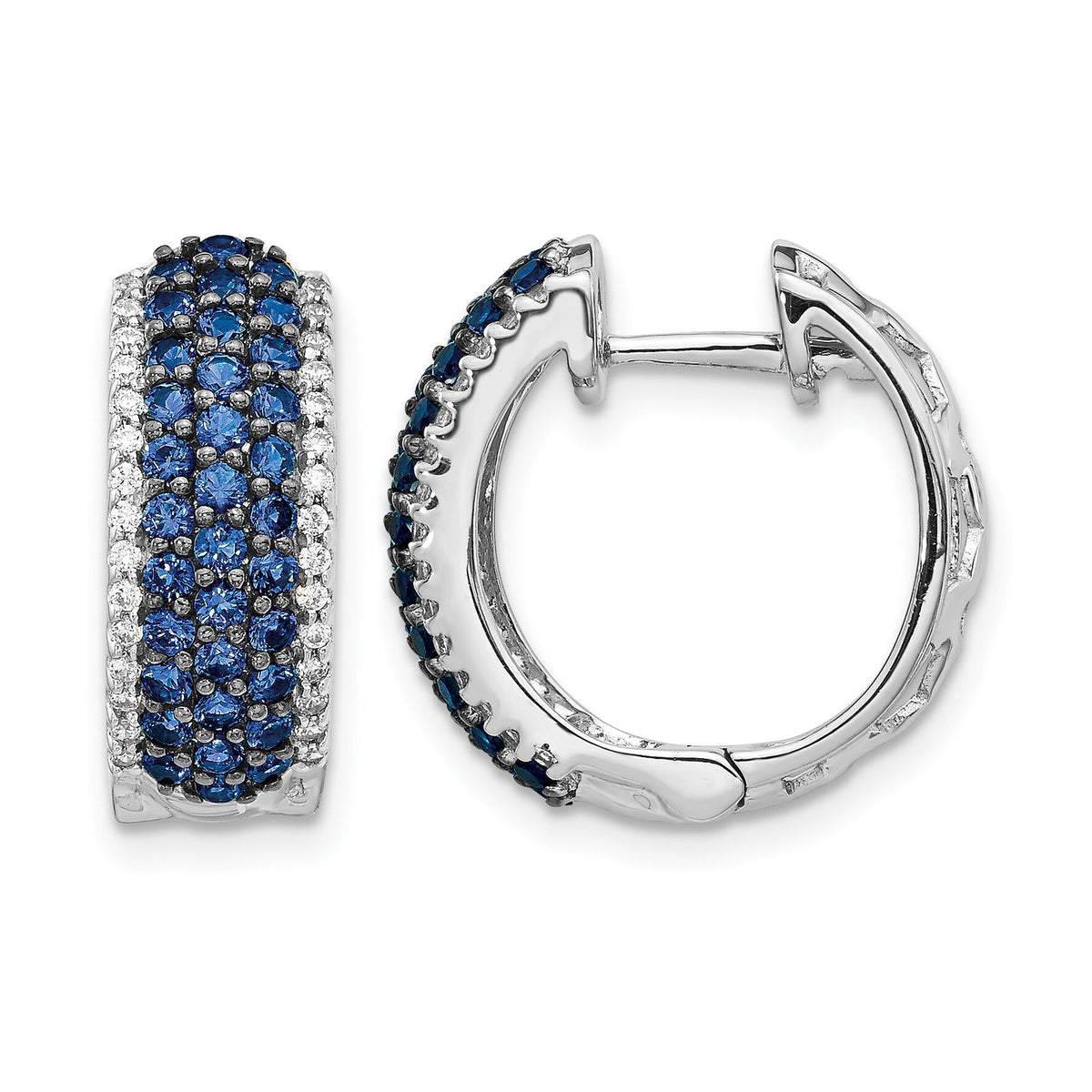 14k White Gold Diamond and Sapphire Hinged Hoop Earrings-EM5602-SA-025-WA
