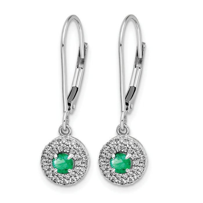 14k White Gold Diamond Halo Emerald Leverback Dangle Earrings-EM5605-EM-020-WA