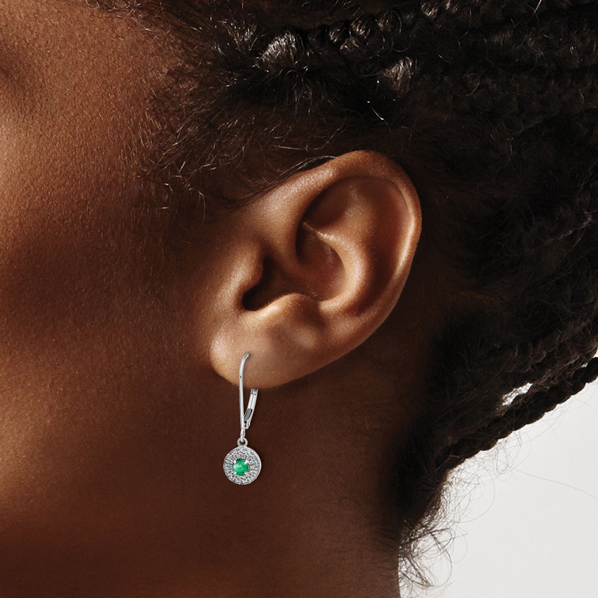 14k White Gold Diamond Halo Emerald Leverback Dangle Earrings-EM5605-EM-020-WA