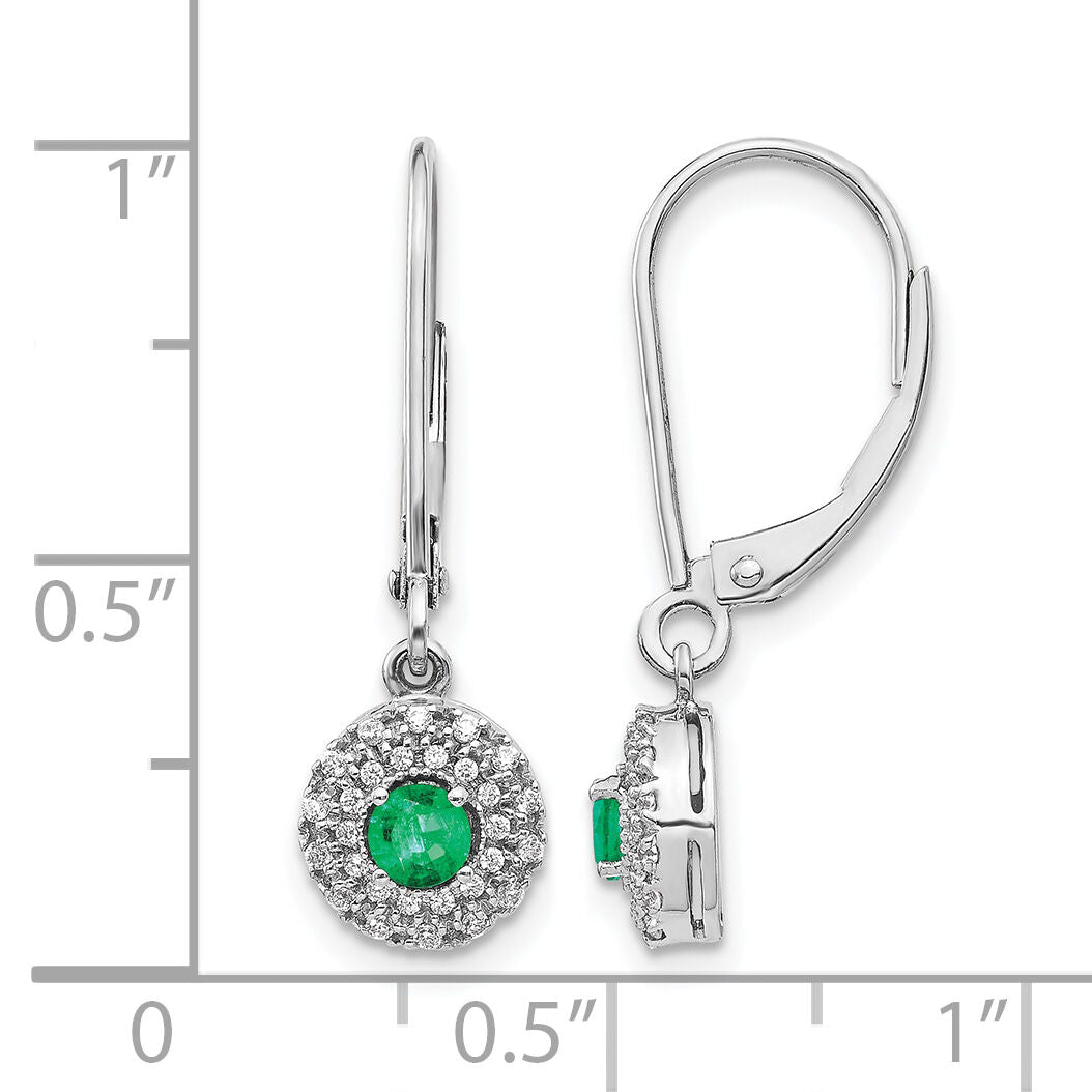 14k White Gold Diamond Halo Emerald Leverback Dangle Earrings-EM5605-EM-020-WA