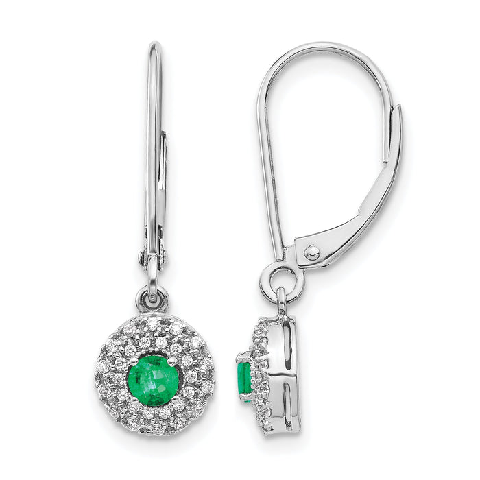 14k White Gold Diamond Halo Emerald Leverback Dangle Earrings-EM5605-EM-020-WA