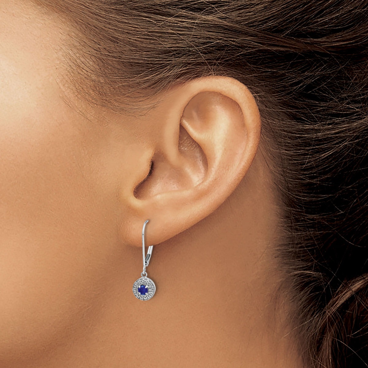 14k White Gold Diamond Halo Sapphire Leverback Dangle Earrings-EM5605-SA-020-WA