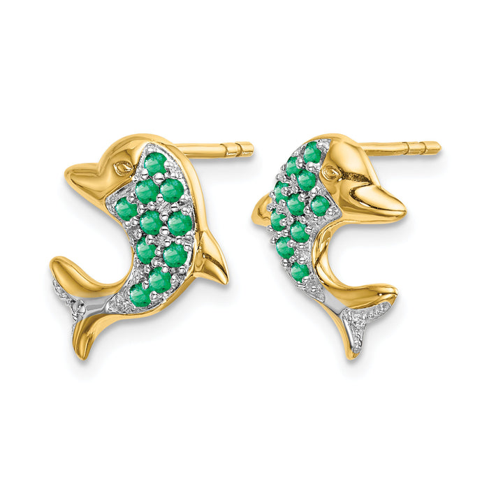 14k and Rhodium Emerald and Diamond Dolphin Post Earrings-EM5615-EM-001-YA