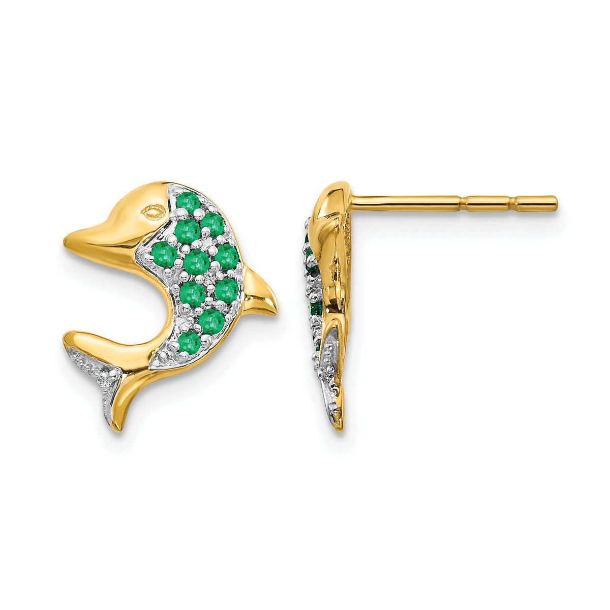 14k and Rhodium Emerald and Diamond Dolphin Post Earrings-EM5615-EM-001-YA