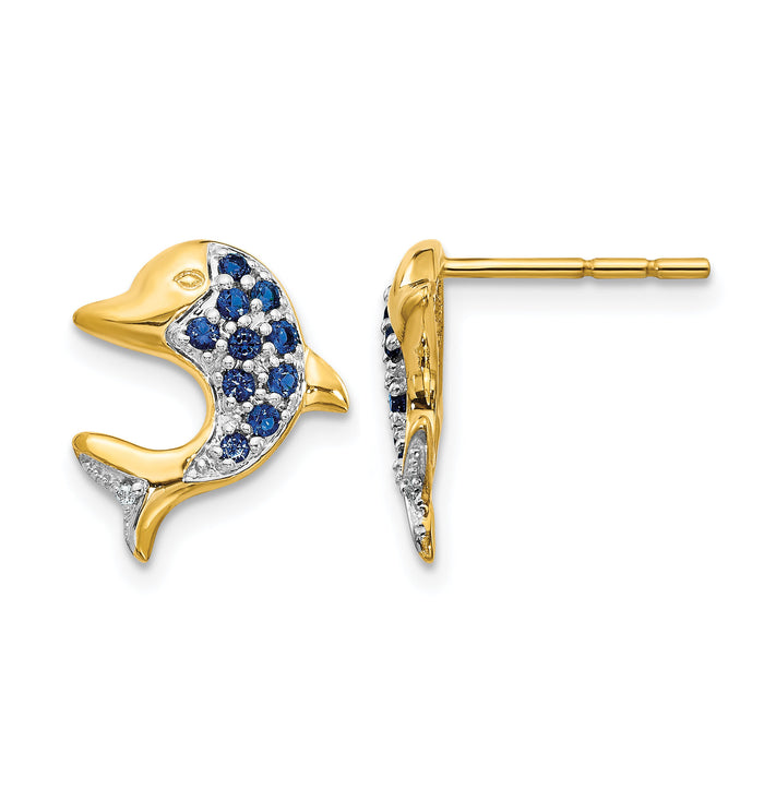 14k w/Rhodium Sapphire/Diamond Dolphin Post Earrings-EM5615-SA-001-YA