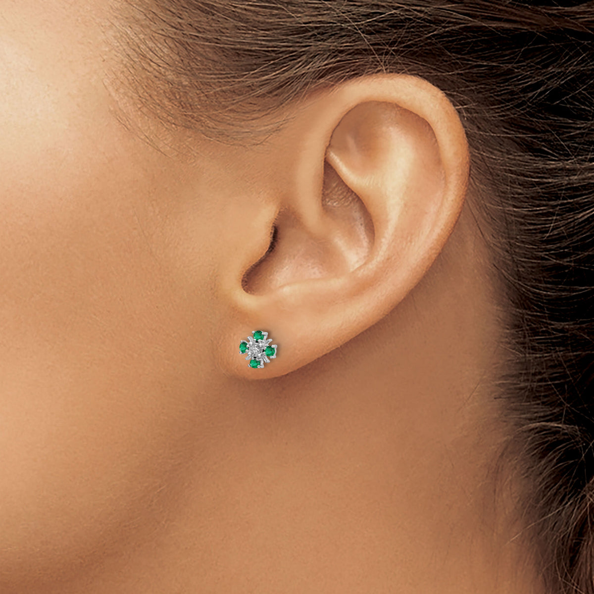 14k White Gold Emerald and Diamond Post Earrings-EM5616-EM-001-WA