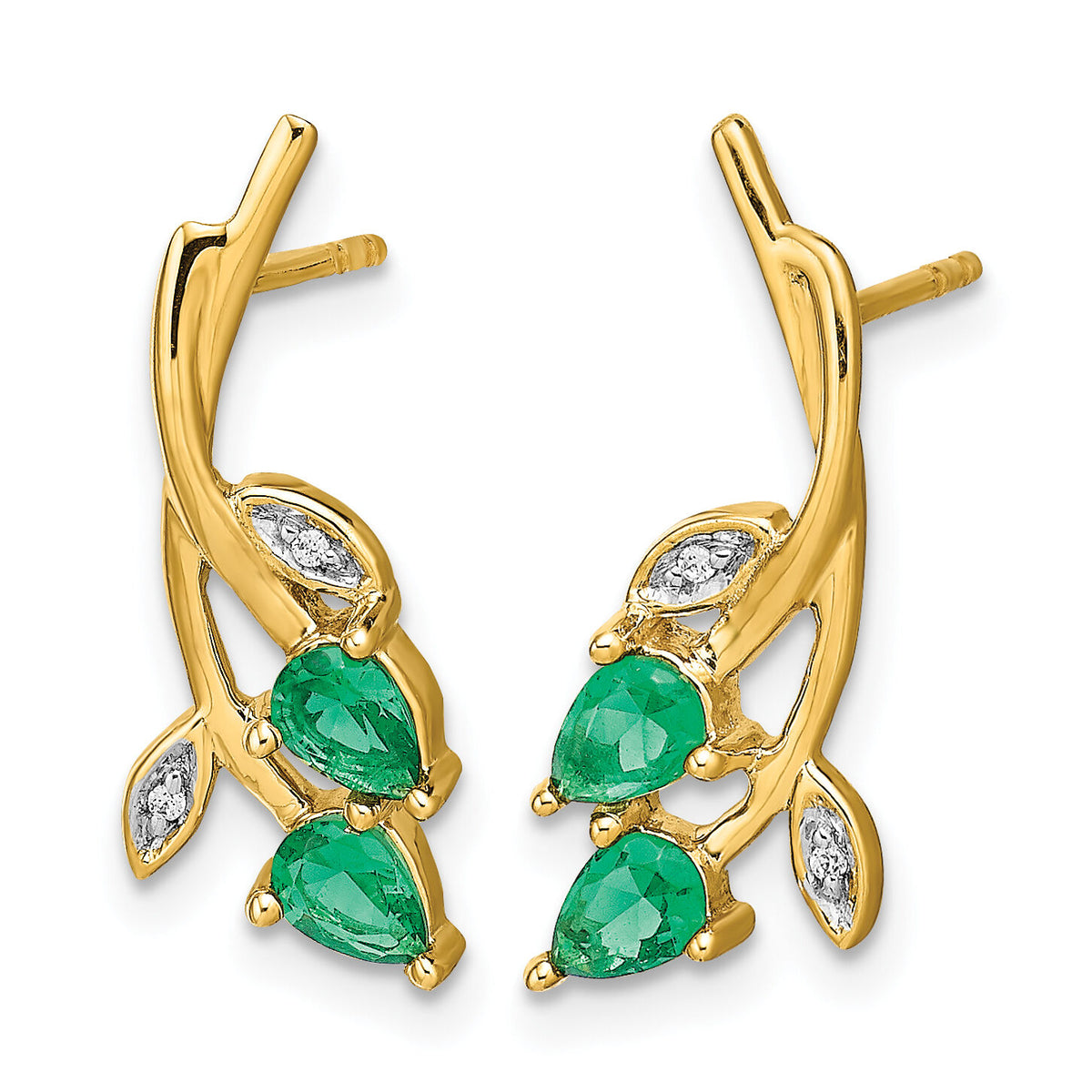 14k Diamond and Pear Emerald Floral Post Earrings-EM5619-EM-001-YA